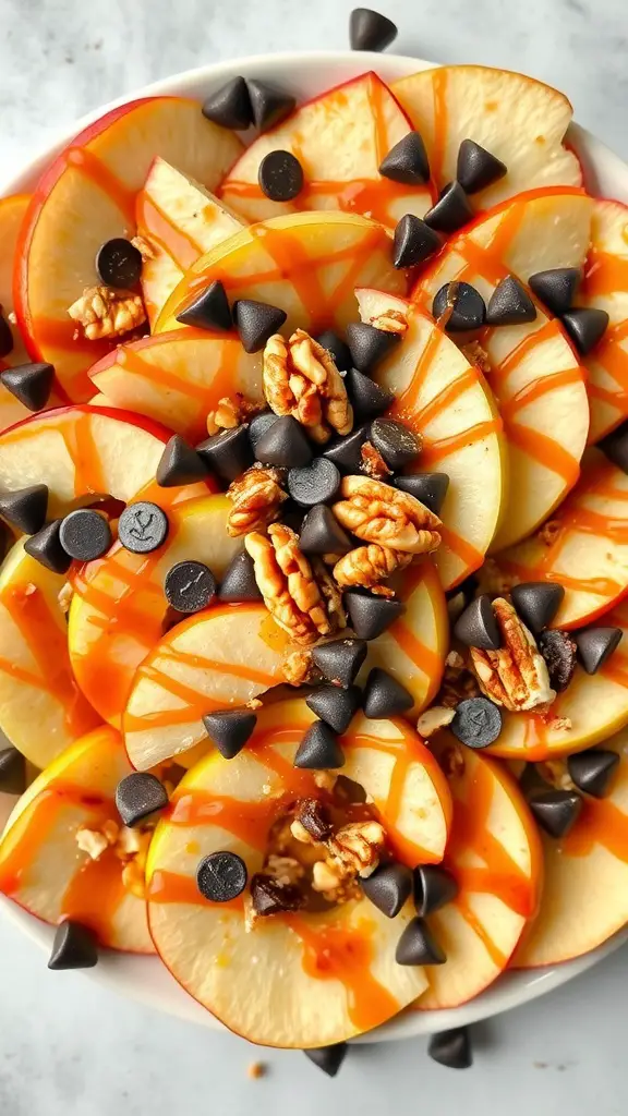A plate of apple nachos topped with caramel drizzle, chocolate chips, and pecans.