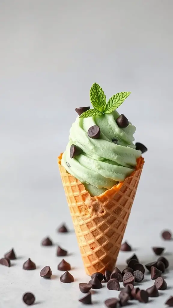 Mint chocolate chip ice cream in a cone with chocolate chips scattered around