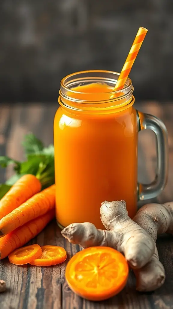 A mason jar filled with bright orange juice, surrounded by fresh carrots and ginger, with a striped straw.