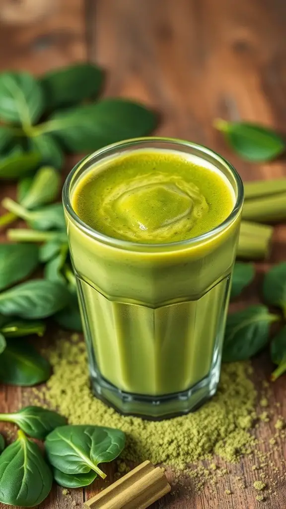 A glass of matcha green tea smoothie surrounded by fresh spinach leaves and matcha powder on a wooden table.