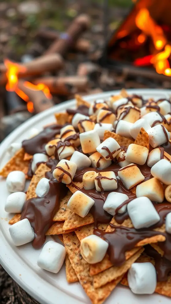 A plate of dessert nachos with tortilla chips, melted chocolate, and toasted marshmallows, set against a campfire background.
