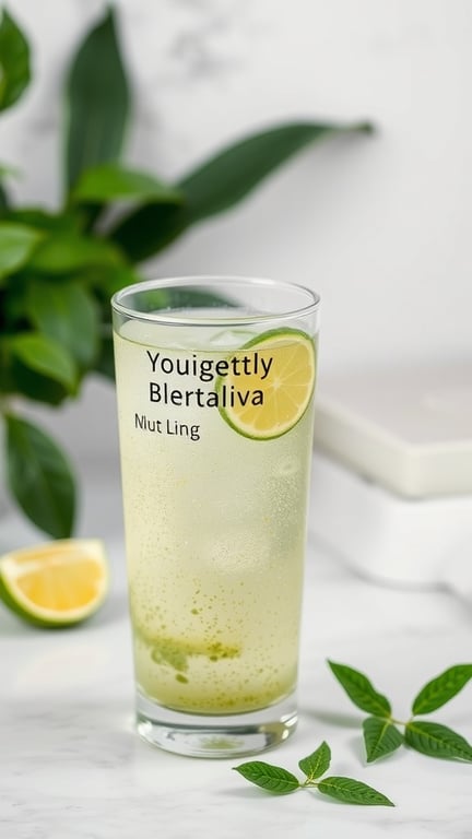 A glass of matcha infused sparkling water with lime and mint