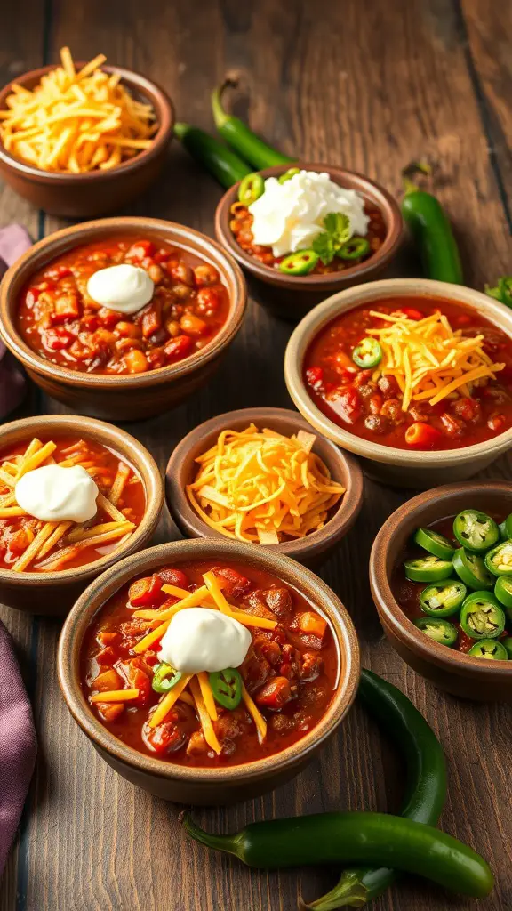 A colorful chili bar with various toppings including cheese, sour cream, and jalapeños.