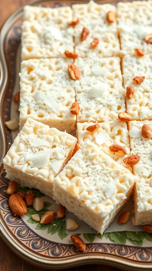 A platter of nutty coconut rice krispie treats topped with coconut flakes and nuts.