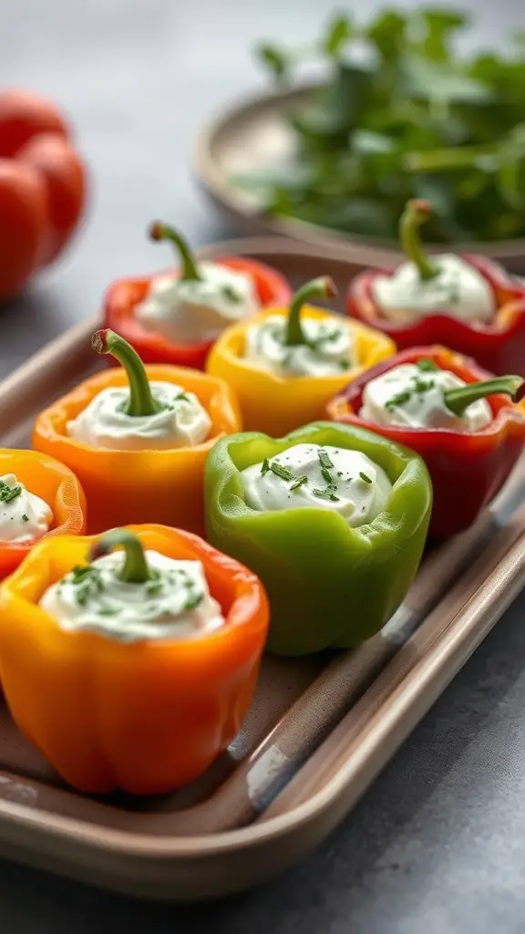 Colorful bell peppers stuffed with herbed cream cheese on a platter