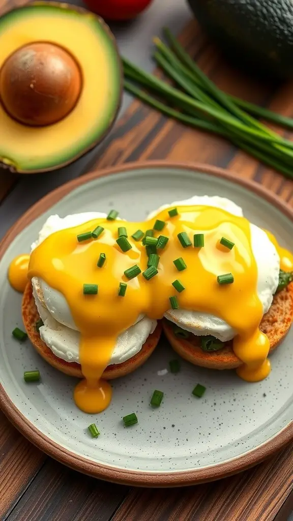 A plate of Eggs Benedict with avocado, featuring poached eggs, hollandaise sauce, and chives.