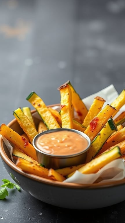 A bowl of crispy baked zucchini fries with a dipping sauce