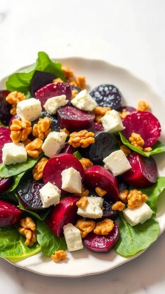 A vibrant salad featuring roasted beets, goat cheese, walnuts, and fresh greens.