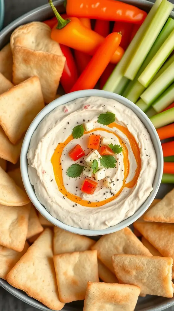 A bowl of roasted red pepper and feta dip surrounded by colorful vegetables and pita chips.