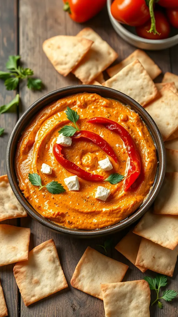 A bowl of roasted red pepper and feta dip garnished with red pepper slices and parsley, surrounded by crispy crackers.