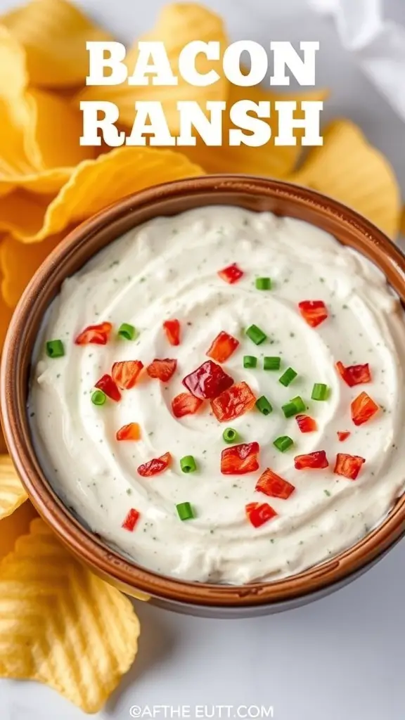 A bowl of creamy Bacon Ranch Dip topped with red peppers and green onions, surrounded by potato chips.