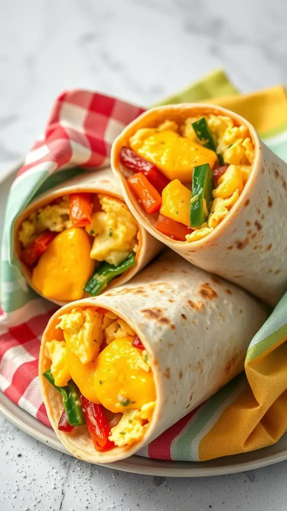 Three breakfast burritos filled with scrambled eggs, bell peppers, and cheese on a plate.