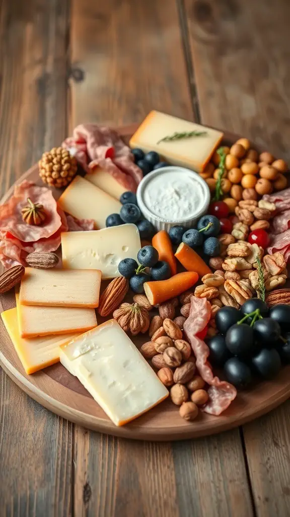 A beautifully arranged cheese and charcuterie board with various cheeses, meats, nuts, and fruits.