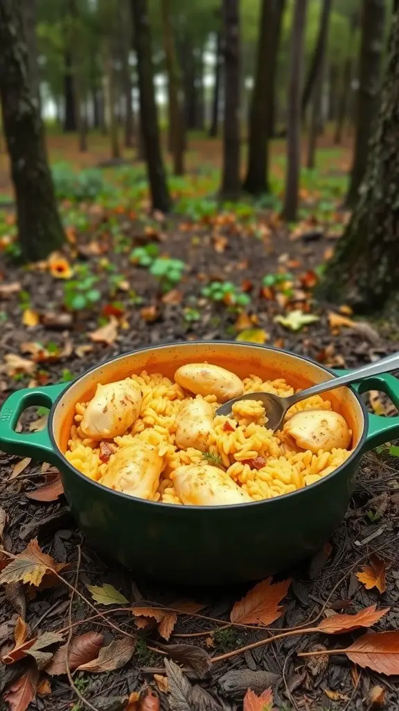 A Dutch oven filled with chicken and rice casserole, set in a forested camping area.