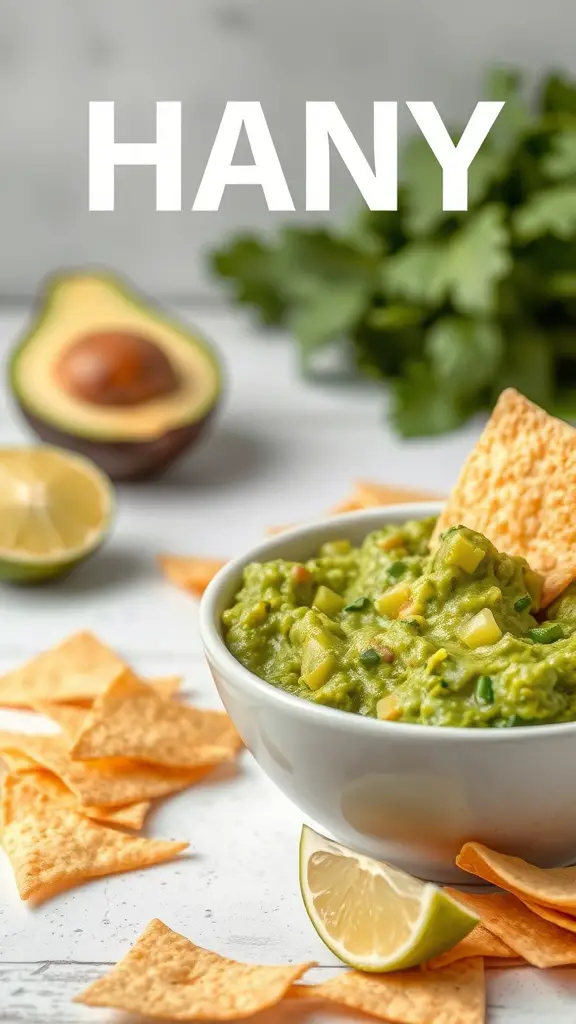A bowl of guacamole with lime and tortilla chips