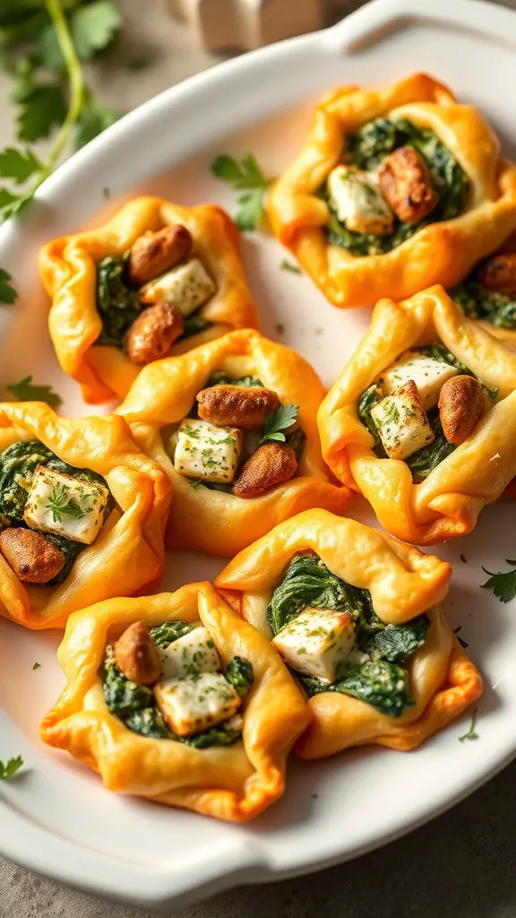 Savory spinach and feta puff pastries arranged on a white plate