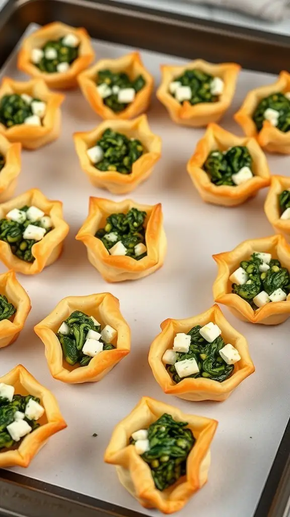 Savory spinach and feta puff pastry bites arranged on a baking tray.