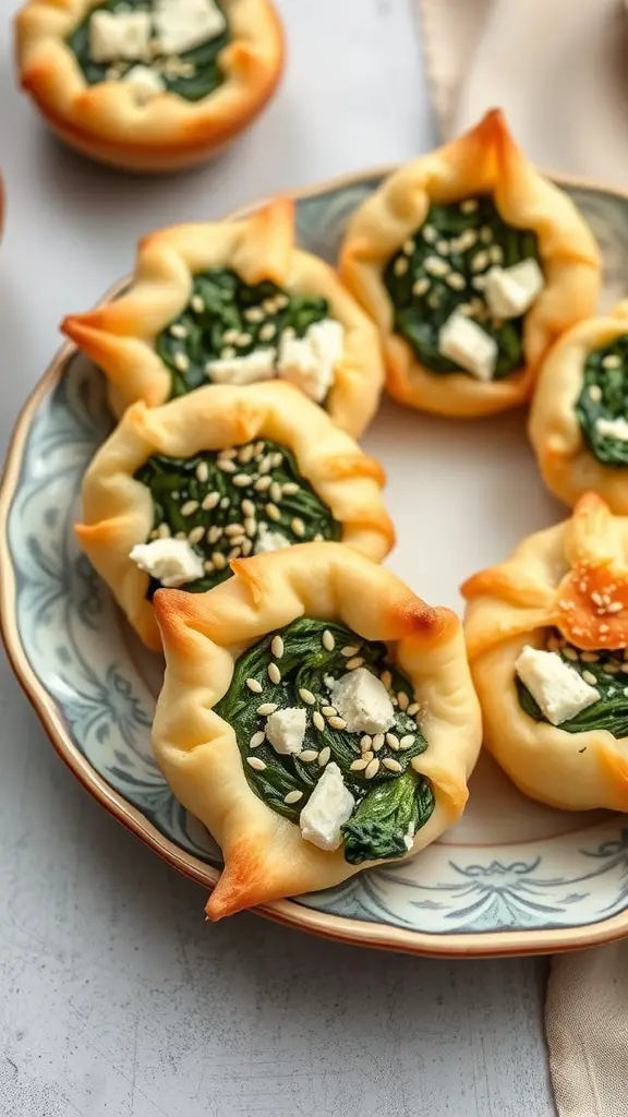 A plate of savory spinach and feta puffs with sesame seeds on top