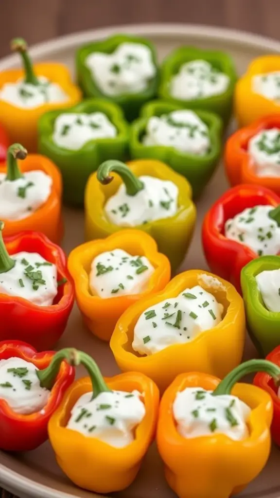 A platter of colorful stuffed mini peppers filled with cream cheese and herbs.