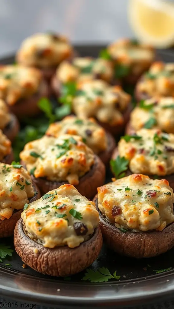 A plate of savory stuffed mushrooms topped with creamy filling and garnished with herbs.