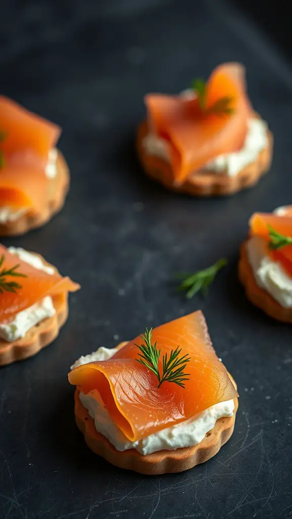 A plate of smoked salmon and cream cheese bites garnished with dill.