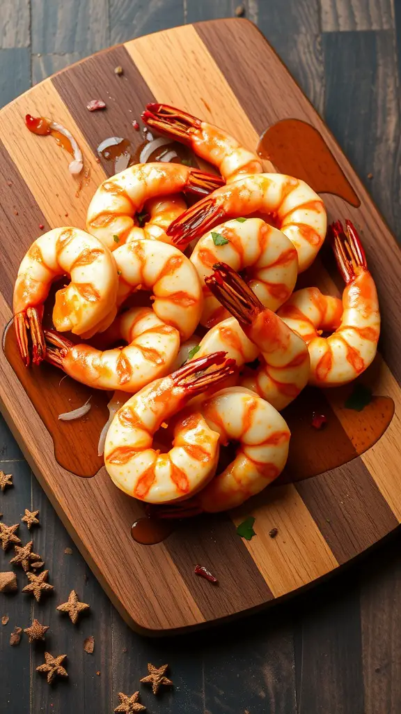 Grilled shrimp with smoky paprika and cumin marinade on a wooden cutting board.