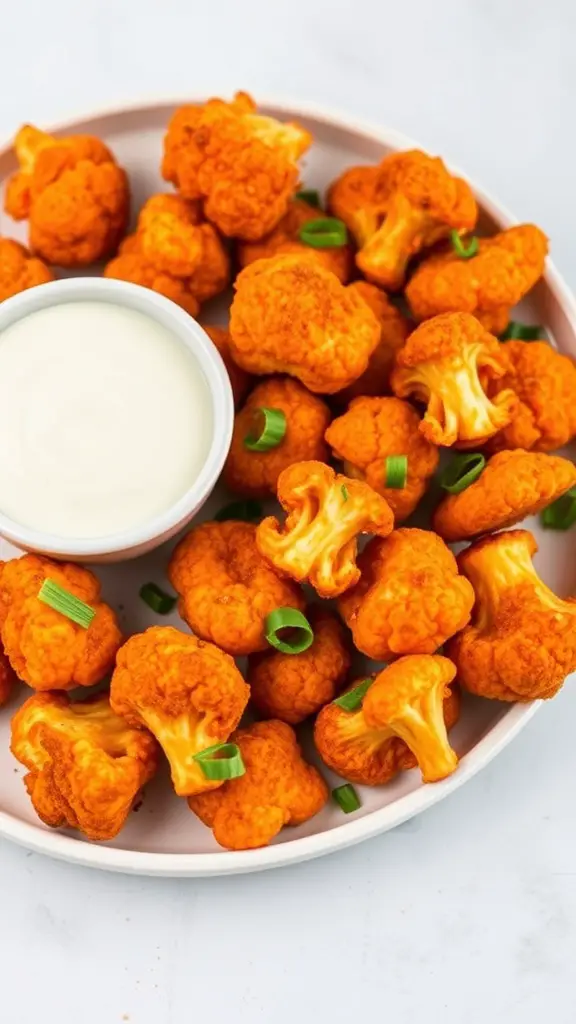 A plate of spicy buffalo cauliflower bites with a side of ranch dressing