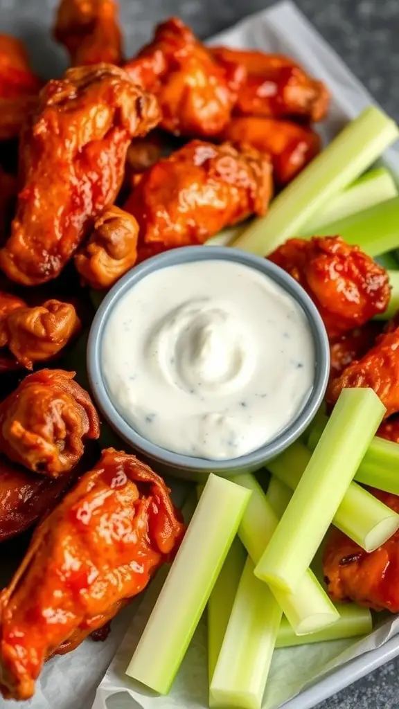 Plate of spicy chicken wings with blue cheese dip and celery sticks