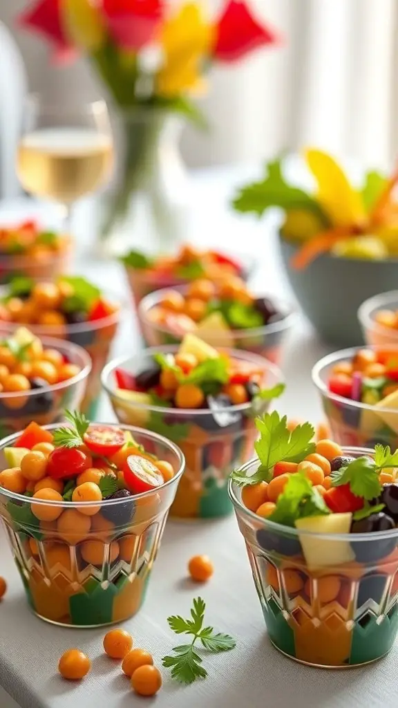 Colorful cups filled with spicy chickpea salad, garnished with fresh herbs and vegetables.