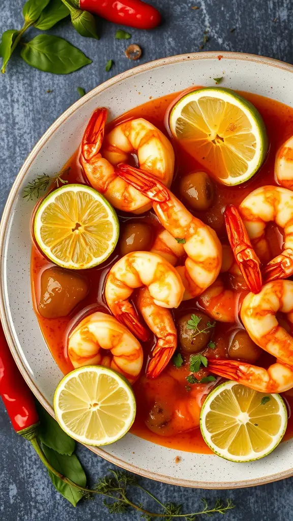 A plate of marinated shrimp with lime slices and chili peppers
