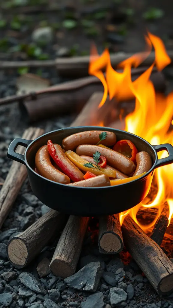 A Dutch oven filled with spicy sausage and colorful peppers cooking over a campfire.