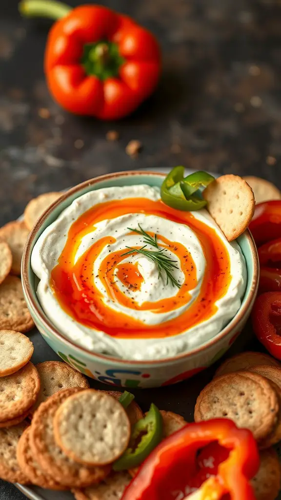 A bowl of Spicy Sriracha Cream Cheese Dip with crackers and fresh vegetables