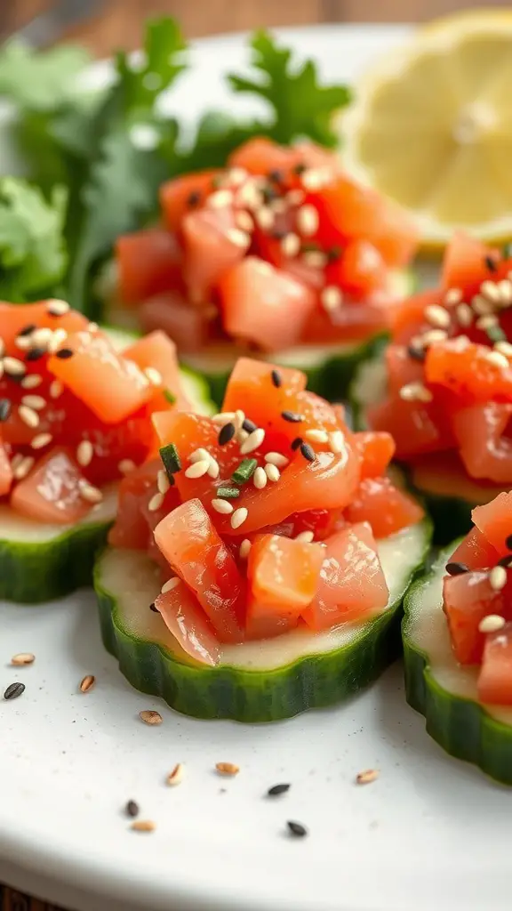 Spicy Tuna Tartare on cucumber slices garnished with sesame seeds and green onions.