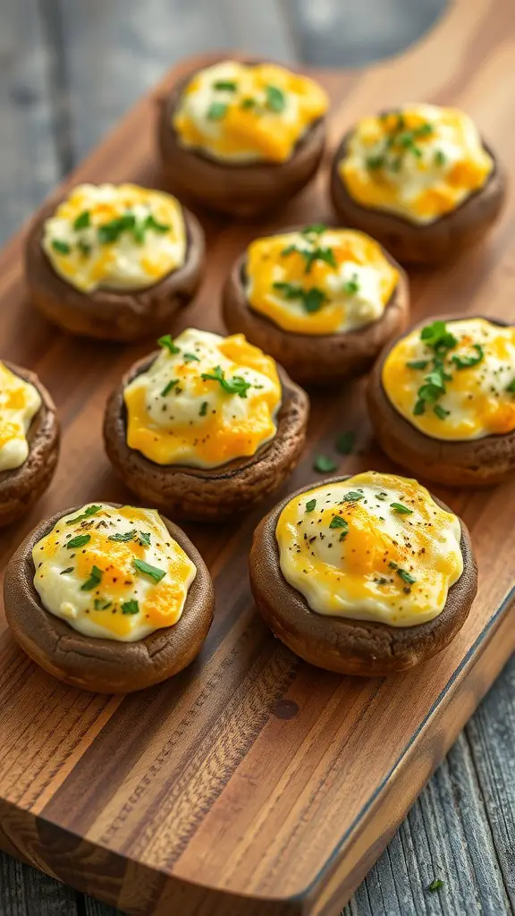 A wooden platter with stuffed mushrooms topped with cream cheese and herbs