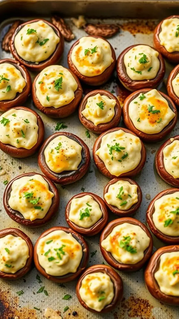 A tray of stuffed mushrooms filled with cream cheese, garnished with herbs.