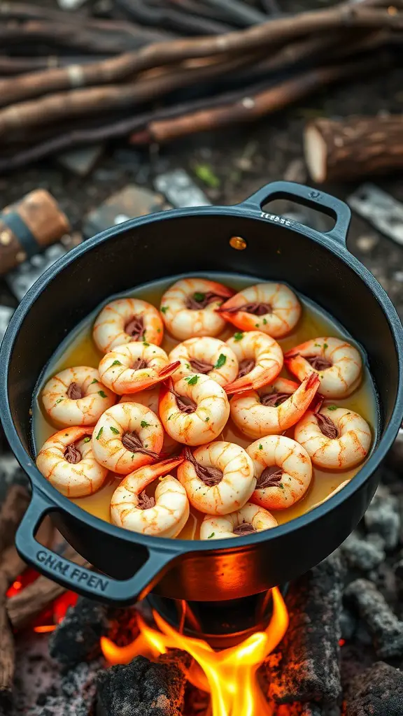 A Dutch oven filled with shrimp in garlic butter over a campfire.