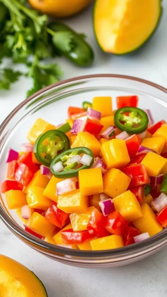 A bowl of colorful sweet and spicy mango salsa with diced mango, red peppers, onions, and jalapeños.