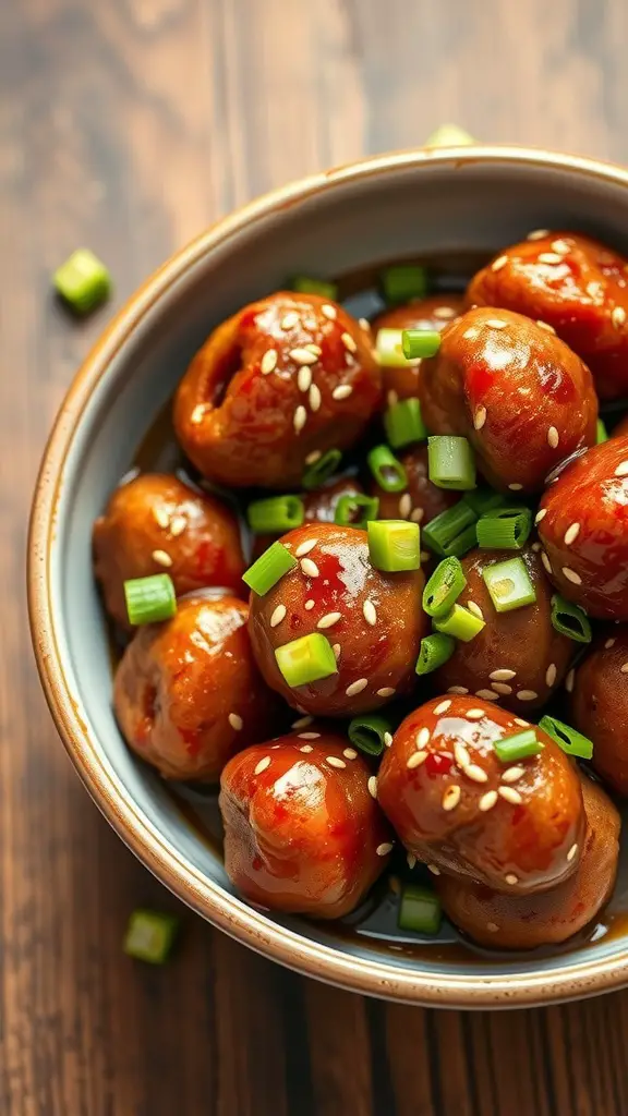 A bowl of sweet and spicy meatballs garnished with green onions and sesame seeds.