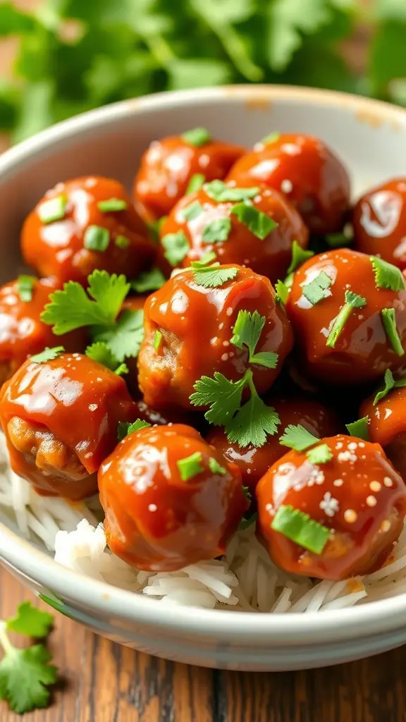 A bowl of sweet and spicy meatballs garnished with cilantro, served over rice.