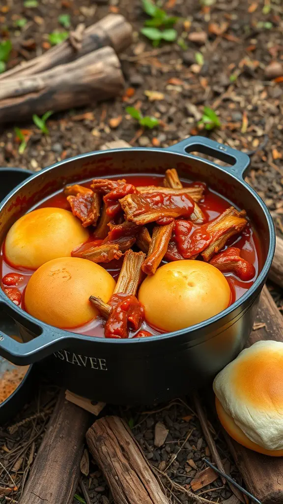 Dutch oven with pulled pork and buns over a campfire