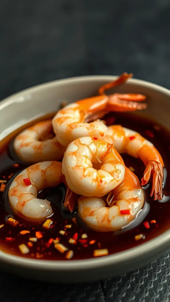 Shrimp marinated in Szechuan pepper and soy sauce with chili flakes