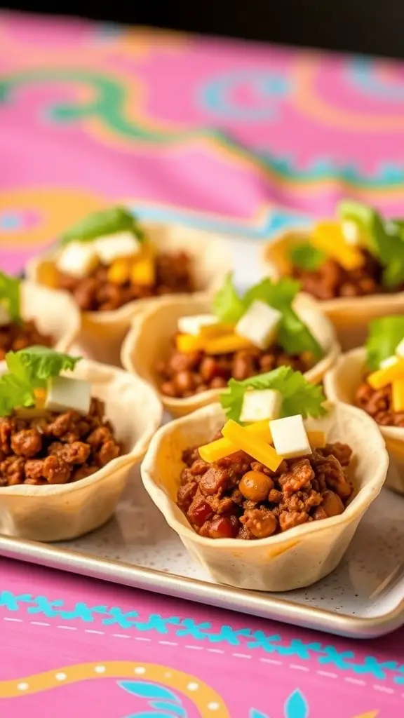 A platter of taco cups filled with ground beef, topped with cheese and cilantro, set against a colorful background.