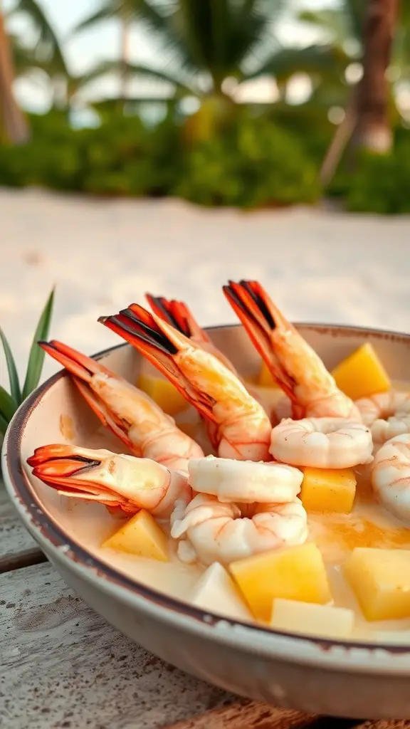 A bowl of grilled shrimp marinated in coconut and pineapple, surrounded by tropical scenery.