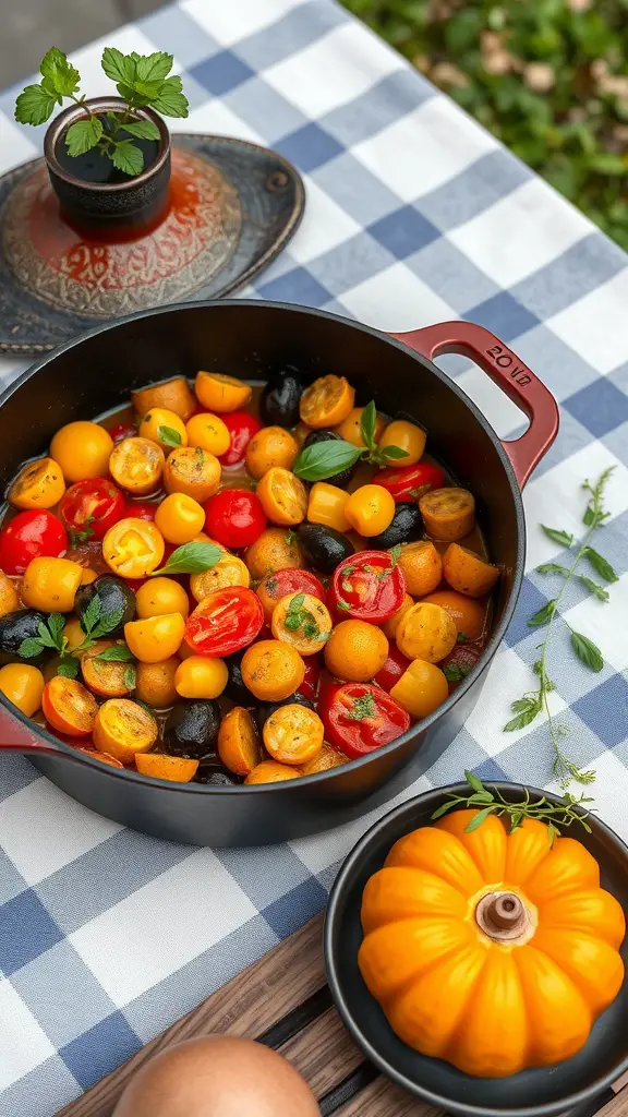 A vibrant Dutch oven filled with colorful cherry tomatoes, zucchini, and herbs, set on a picnic table.