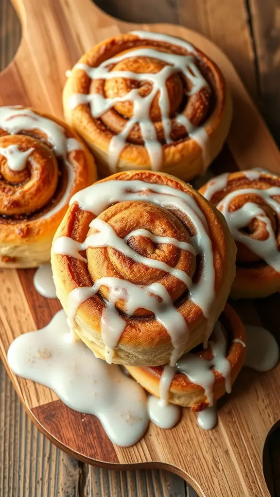 Freshly baked cinnamon rolls drizzled with icing on a wooden board.