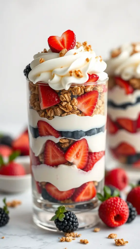 A delicious whipped cream and berry parfait layered with strawberries, blueberries, and granola, topped with whipped cream and a heart-shaped strawberry.