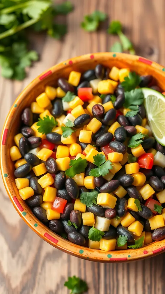 A colorful bowl of black bean and corn salsa with cilantro and lime on a wooden surface.