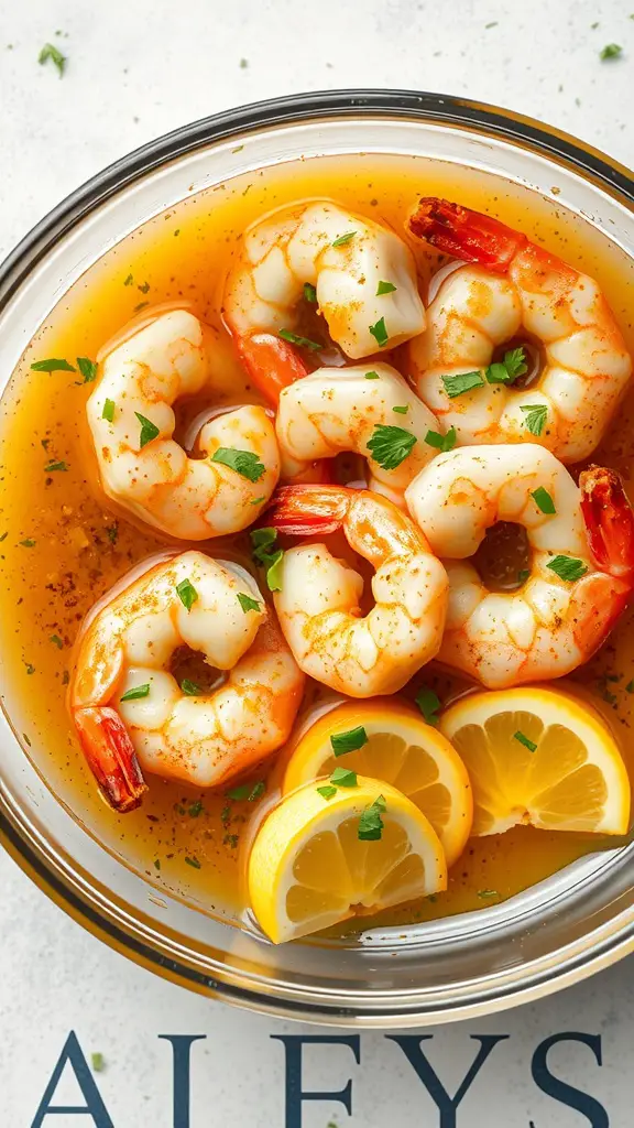 A bowl of shrimp marinating in a citrus and garlic mixture with lemon slices.