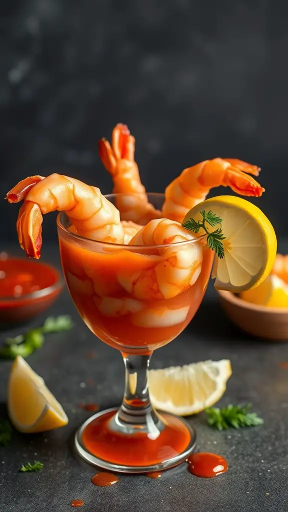 A glass of shrimp cocktail with plump shrimp, cocktail sauce, and lemon wedges