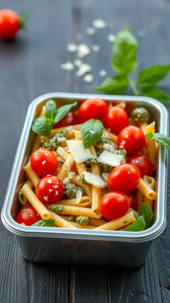A lunch box filled with pesto pasta salad, cherry tomatoes, and fresh basil.